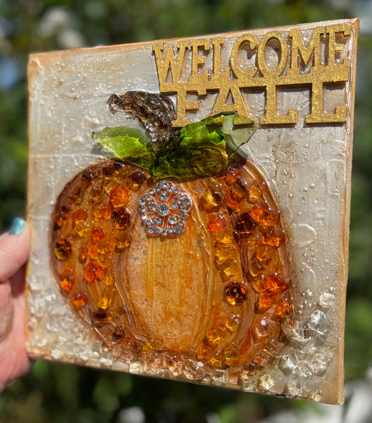 Welcome Fall Pumpkin Glass and Resin Art