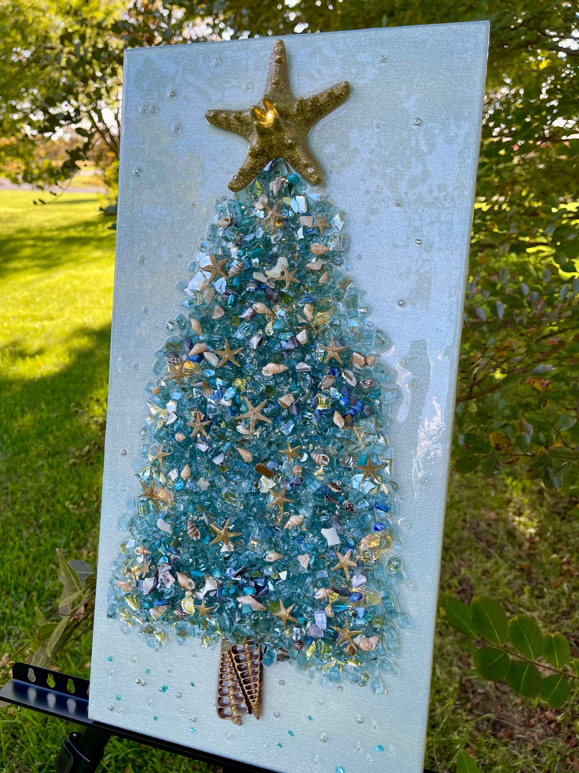 Beach Life Aqua Christmas Tree Glass and Resin Art