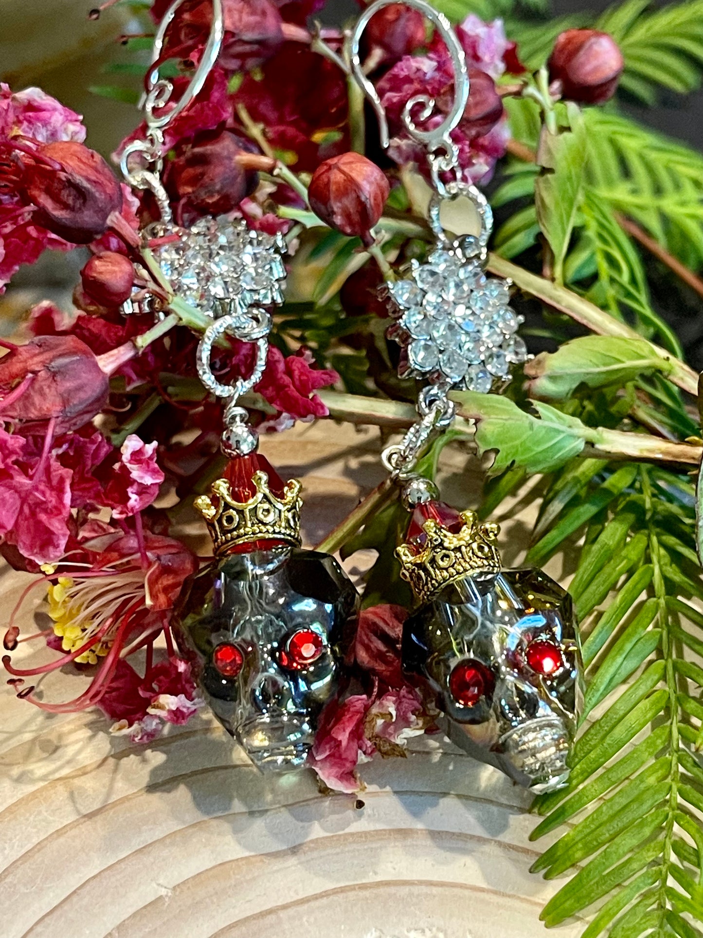 Faceted Glass Queen Skull Earrings