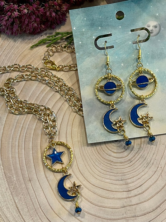 Moon and Star Charm Necklace and Earring Set