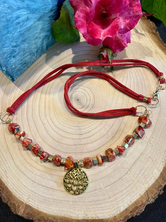 Red Mother of Pearl Chip Necklace and Earrings