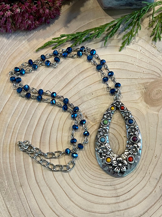 Silver Flower Pendant on Beaded Chain